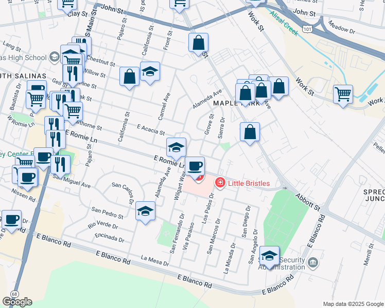map of restaurants, bars, coffee shops, grocery stores, and more near 25 Wilgart Way in Salinas