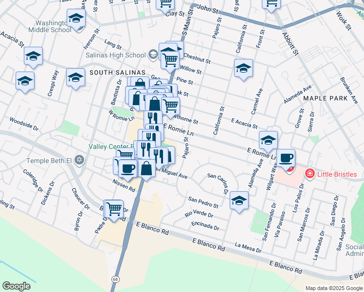 map of restaurants, bars, coffee shops, grocery stores, and more near 54 Katherine Avenue in Salinas