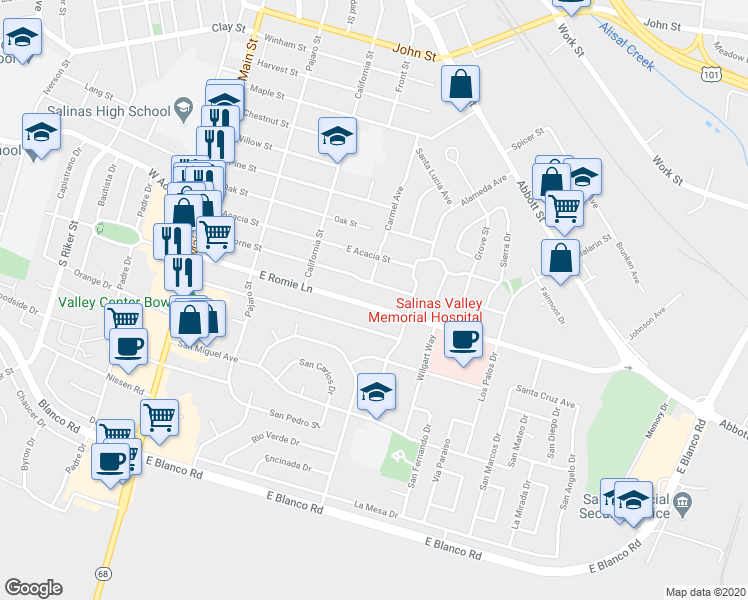 map of restaurants, bars, coffee shops, grocery stores, and more near 262 Hawthorne Street in Salinas