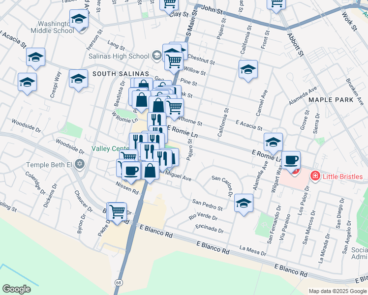 map of restaurants, bars, coffee shops, grocery stores, and more near 50 Katherine Avenue in Salinas