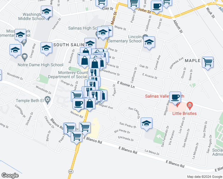 map of restaurants, bars, coffee shops, grocery stores, and more near 54 Katherine Avenue in Salinas