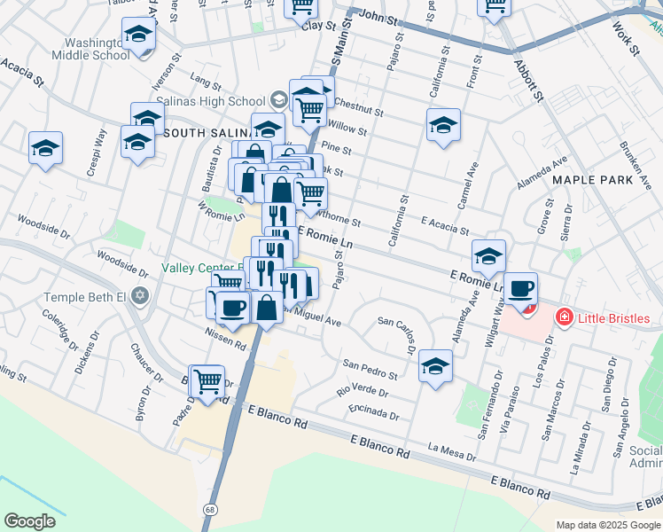 map of restaurants, bars, coffee shops, grocery stores, and more near 54 Katherine Avenue in Salinas