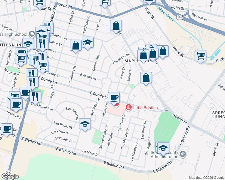 map of restaurants, bars, coffee shops, grocery stores, and more near 25 Wilgart Way in Salinas