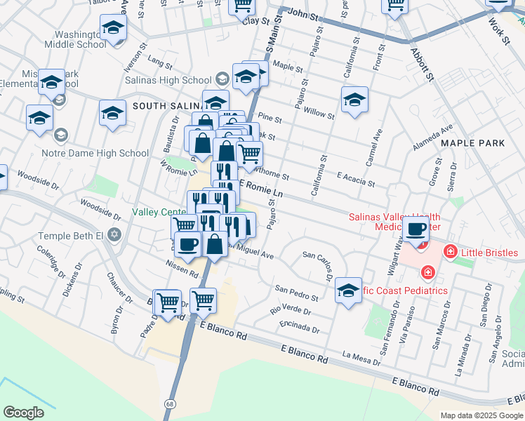 map of restaurants, bars, coffee shops, grocery stores, and more near 50 Katherine Avenue in Salinas