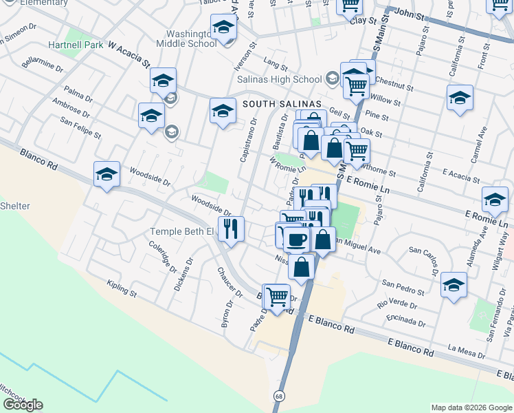 map of restaurants, bars, coffee shops, grocery stores, and more near 1057 Riker Street in Salinas
