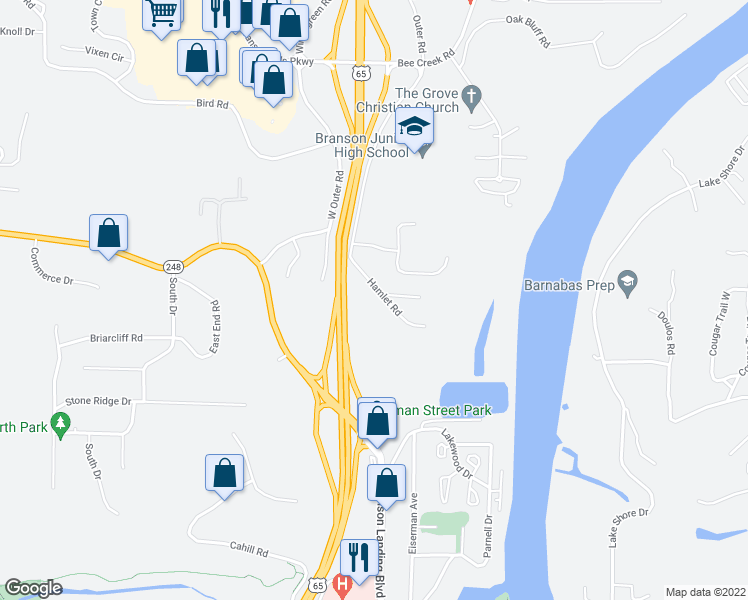 map of restaurants, bars, coffee shops, grocery stores, and more near 130 Hamlet Road in Branson