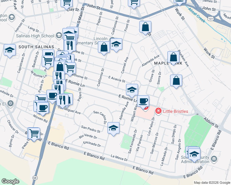 map of restaurants, bars, coffee shops, grocery stores, and more near 262 Hawthorne Street in Salinas