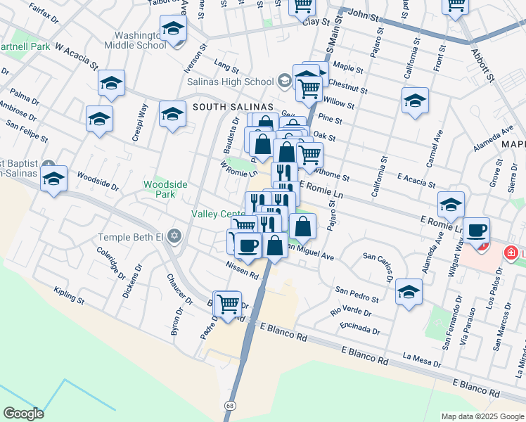 map of restaurants, bars, coffee shops, grocery stores, and more near 1044 South Main Street in Salinas
