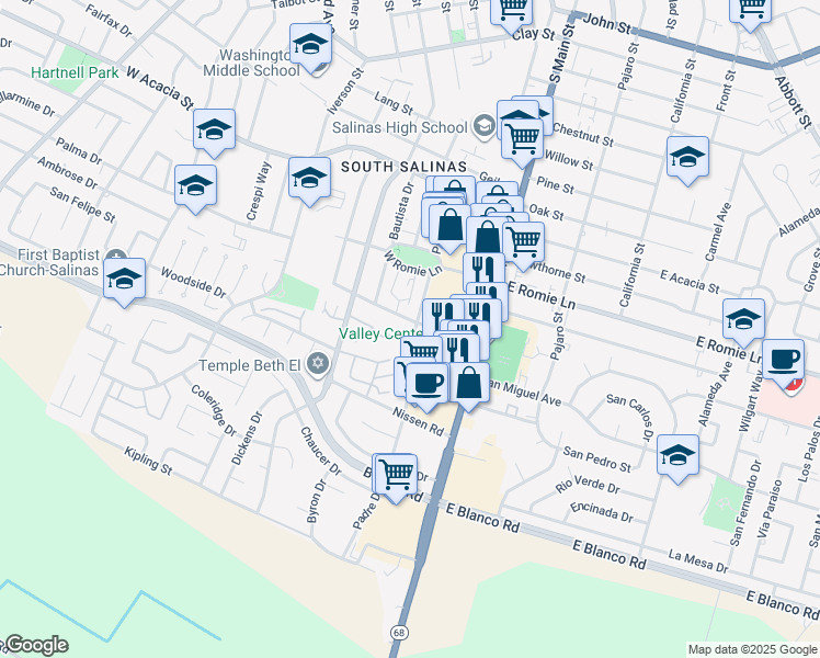 map of restaurants, bars, coffee shops, grocery stores, and more near 30 Orange Drive in Salinas