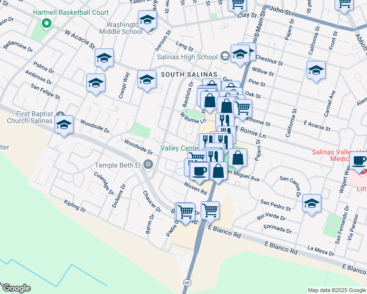 map of restaurants, bars, coffee shops, grocery stores, and more near 119 Orange Drive in Salinas