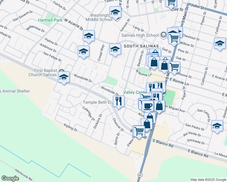 map of restaurants, bars, coffee shops, grocery stores, and more near 330 Woodside Circle in Salinas