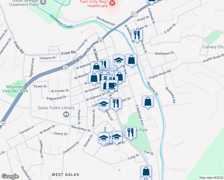map of restaurants, bars, coffee shops, grocery stores, and more near in Galax