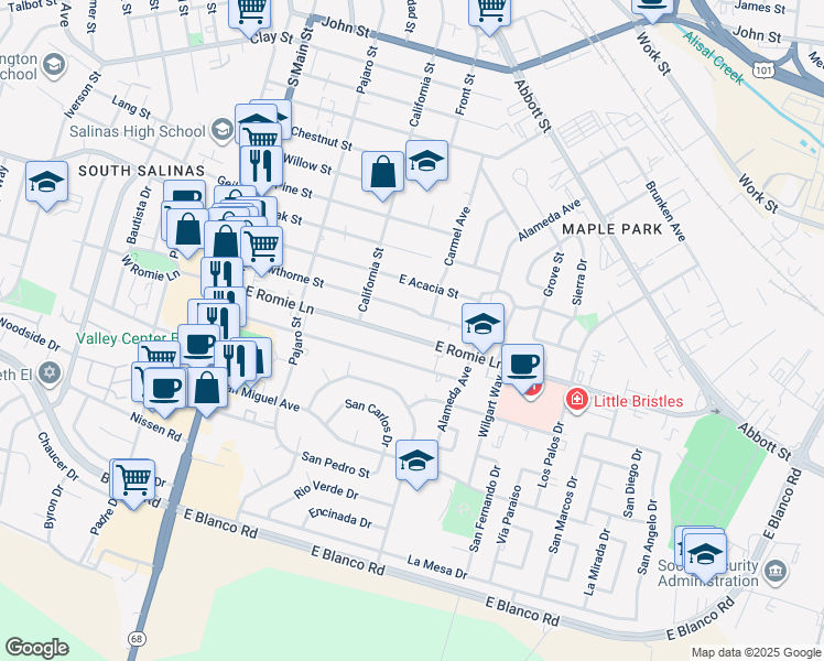 map of restaurants, bars, coffee shops, grocery stores, and more near 229 East Romie Lane in Salinas