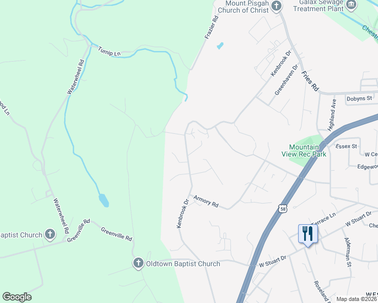 map of restaurants, bars, coffee shops, grocery stores, and more near 325 Kenbrook Drive in Galax