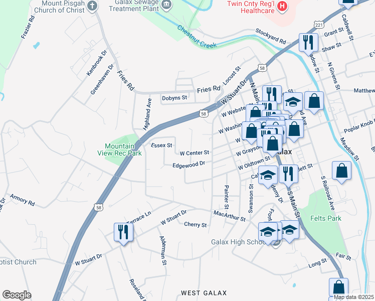 map of restaurants, bars, coffee shops, grocery stores, and more near 201 5th Avenue in Galax
