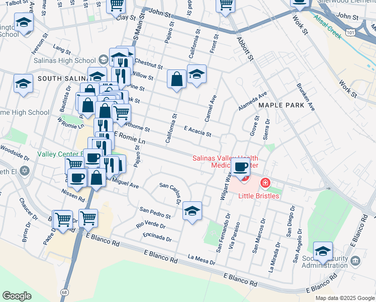 map of restaurants, bars, coffee shops, grocery stores, and more near 245 East Romie Lane in Salinas