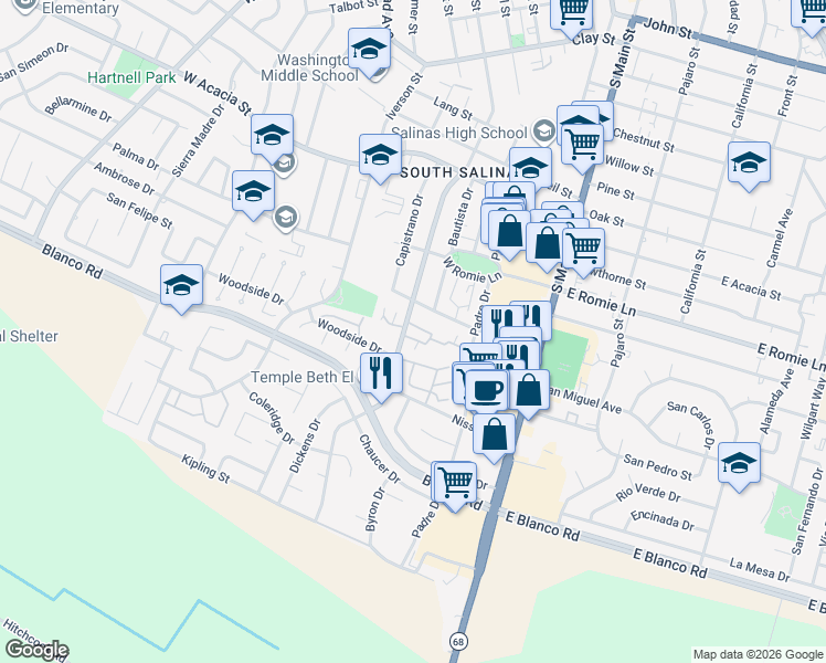 map of restaurants, bars, coffee shops, grocery stores, and more near 1051 Riker Street in Salinas