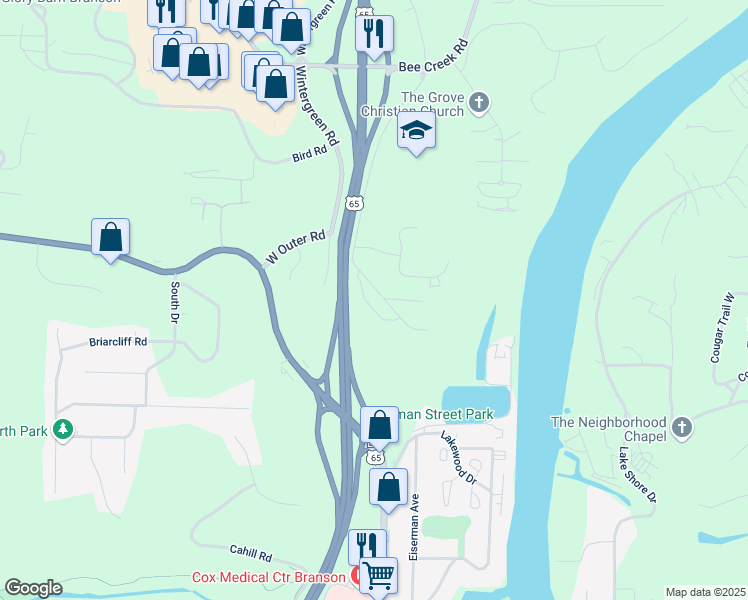 map of restaurants, bars, coffee shops, grocery stores, and more near 124 Hamlet Road in Branson