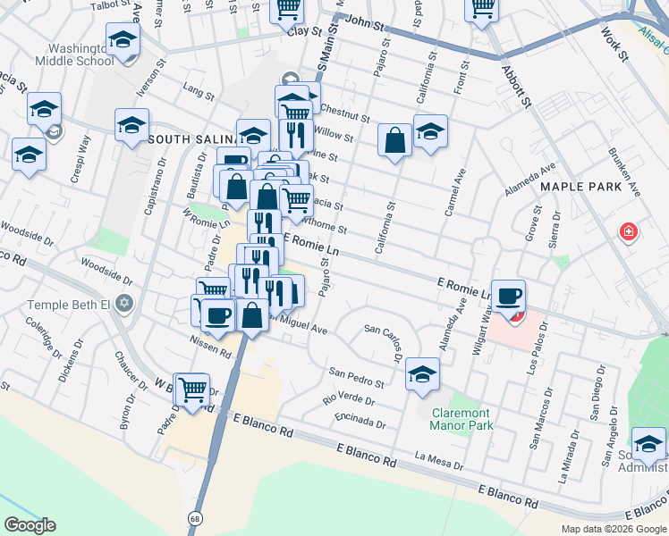 map of restaurants, bars, coffee shops, grocery stores, and more near 109 Katherine Avenue in Salinas