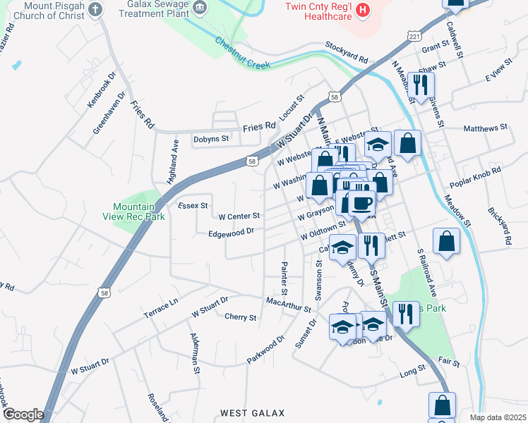 map of restaurants, bars, coffee shops, grocery stores, and more near 406 West Stuart Drive in Galax