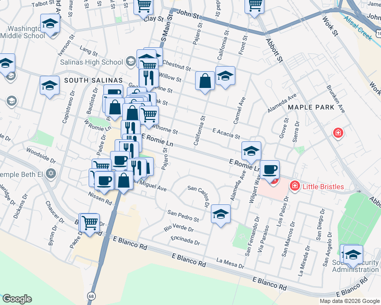 map of restaurants, bars, coffee shops, grocery stores, and more near 150 East Romie Lane in Salinas