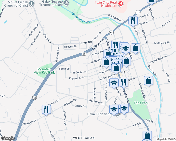 map of restaurants, bars, coffee shops, grocery stores, and more near 416 West Center Street in Galax