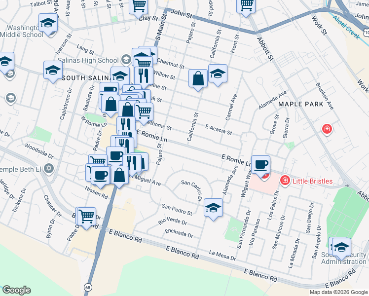 map of restaurants, bars, coffee shops, grocery stores, and more near 150 East Romie Lane in Salinas