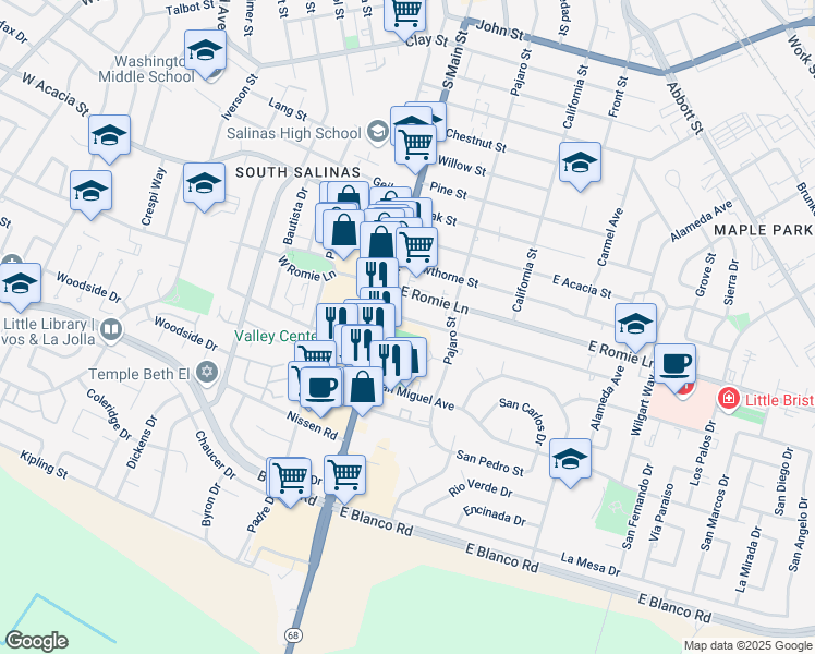 map of restaurants, bars, coffee shops, grocery stores, and more near 10 Katherine Avenue in Salinas