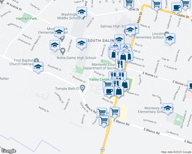 map of restaurants, bars, coffee shops, grocery stores, and more near 119 Orange Drive in Salinas