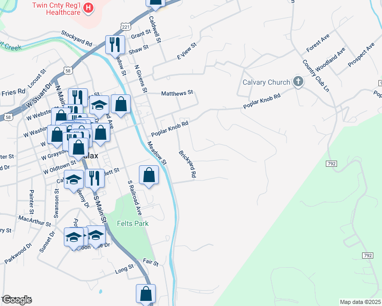map of restaurants, bars, coffee shops, grocery stores, and more near 203-209 Brickyard Road in Galax