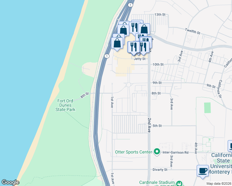 map of restaurants, bars, coffee shops, grocery stores, and more near 8th Street in Marina