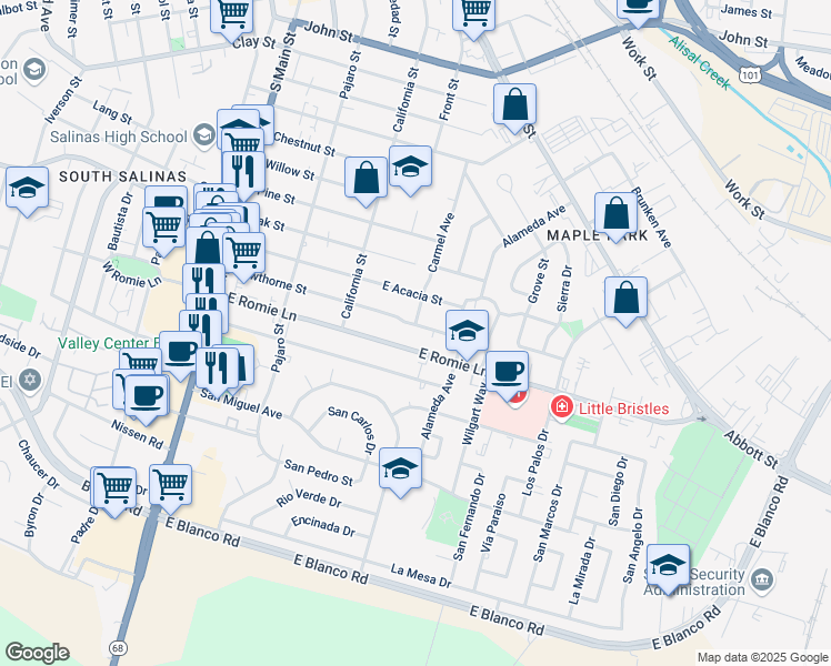 map of restaurants, bars, coffee shops, grocery stores, and more near 262 Hawthorne Street in Salinas