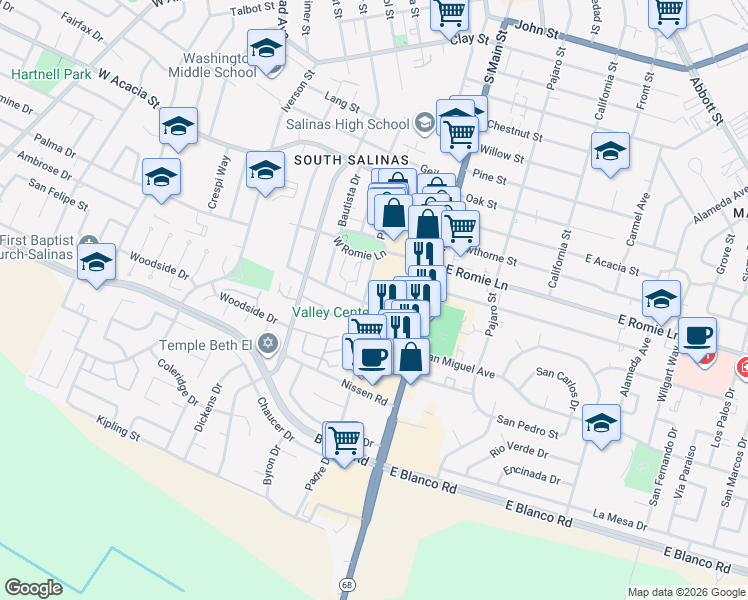 map of restaurants, bars, coffee shops, grocery stores, and more near 28 Orange Drive in Salinas
