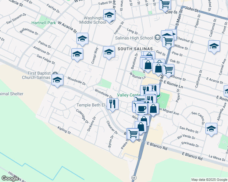 map of restaurants, bars, coffee shops, grocery stores, and more near 330 Woodside Circle in Salinas