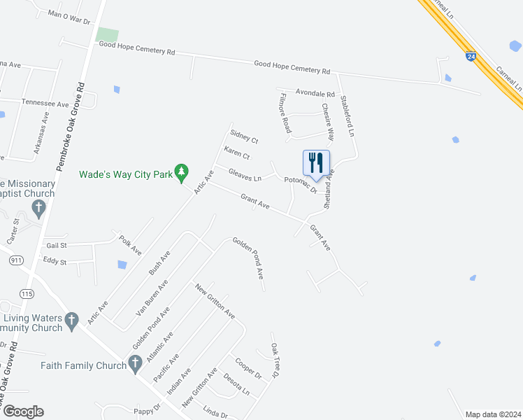 map of restaurants, bars, coffee shops, grocery stores, and more near 124 Grant Avenue in Oak Grove