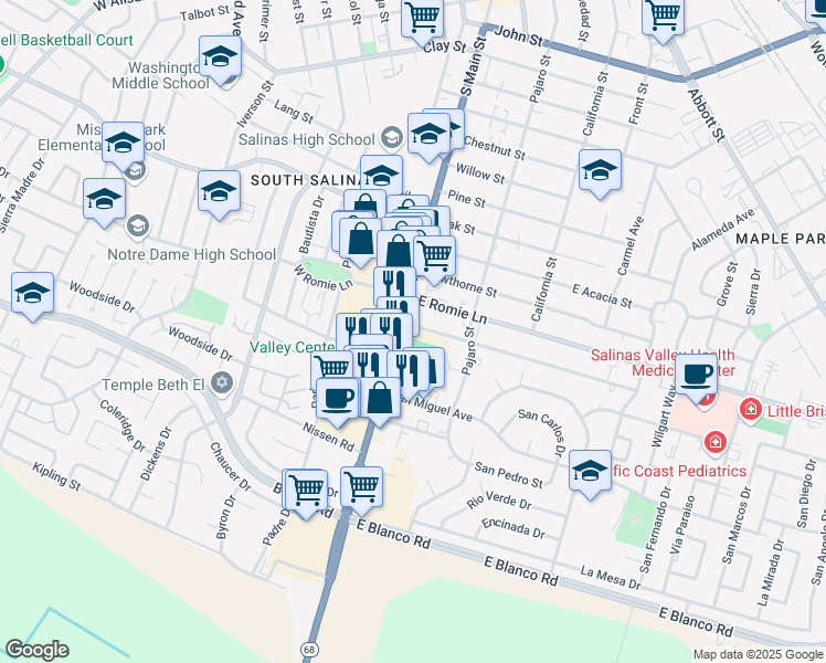 map of restaurants, bars, coffee shops, grocery stores, and more near 10 Katherine Avenue in Salinas