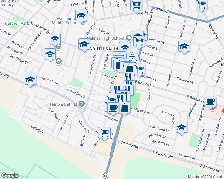 map of restaurants, bars, coffee shops, grocery stores, and more near 30 Orange Drive in Salinas