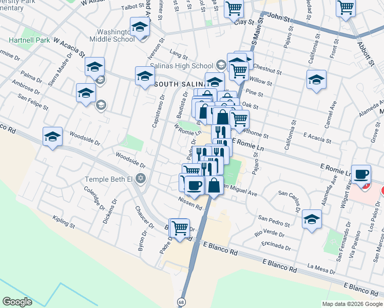 map of restaurants, bars, coffee shops, grocery stores, and more near 30 Orange Drive in Salinas