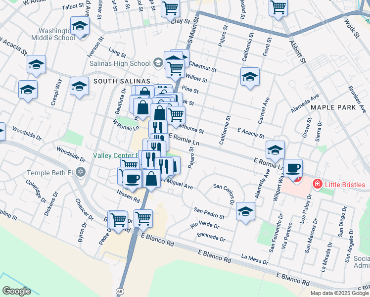map of restaurants, bars, coffee shops, grocery stores, and more near 45 Katherine Avenue in Salinas