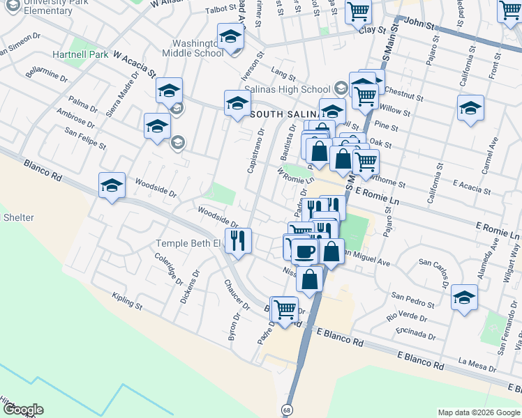 map of restaurants, bars, coffee shops, grocery stores, and more near 1051 Riker Street in Salinas