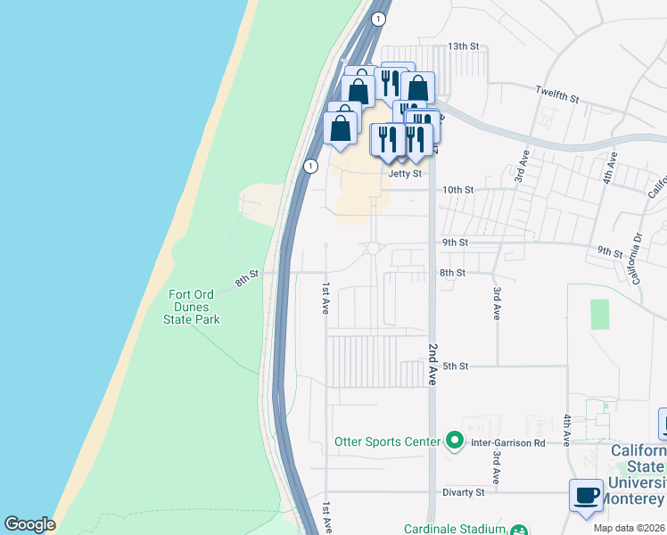 map of restaurants, bars, coffee shops, grocery stores, and more near 1st Avenue in Marina