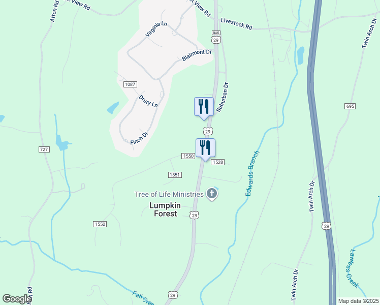 map of restaurants, bars, coffee shops, grocery stores, and more near 100 Forestroad Drive in Danville