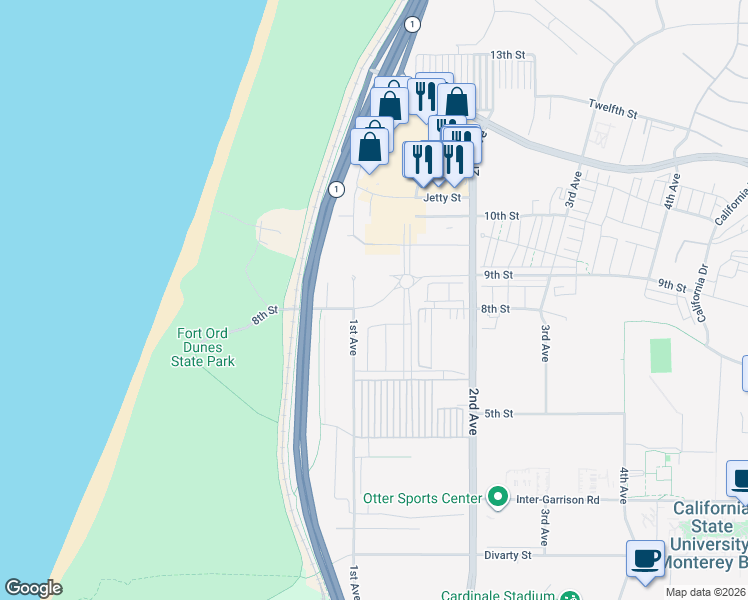 map of restaurants, bars, coffee shops, grocery stores, and more near 1st Avenue in Marina