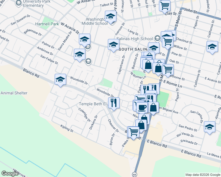 map of restaurants, bars, coffee shops, grocery stores, and more near 330 Woodside Circle in Salinas