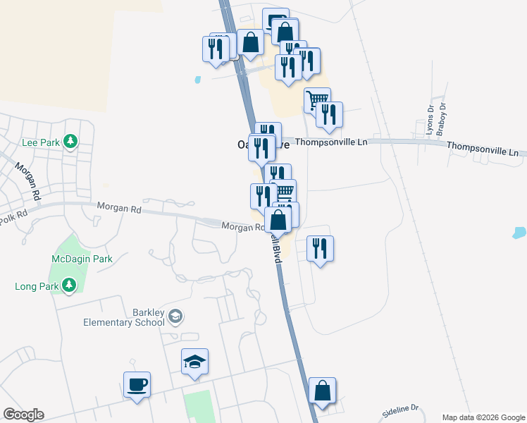 map of restaurants, bars, coffee shops, grocery stores, and more near 15091 Fort Campbell Boulevard in Oak Grove