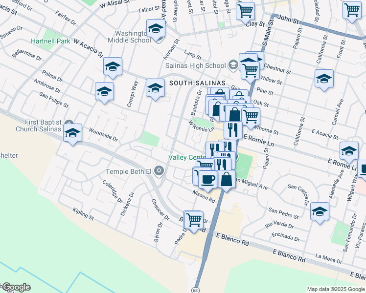 map of restaurants, bars, coffee shops, grocery stores, and more near 119 Orange Drive in Salinas