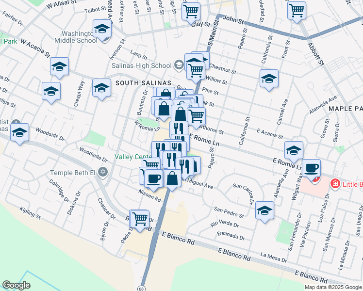 map of restaurants, bars, coffee shops, grocery stores, and more near 2 Katherine Avenue in Salinas