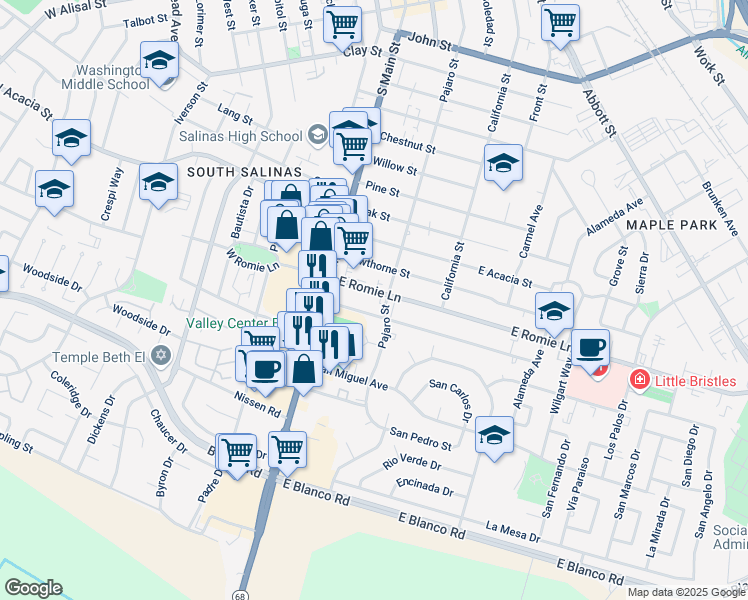 map of restaurants, bars, coffee shops, grocery stores, and more near 45 Katherine Avenue in Salinas