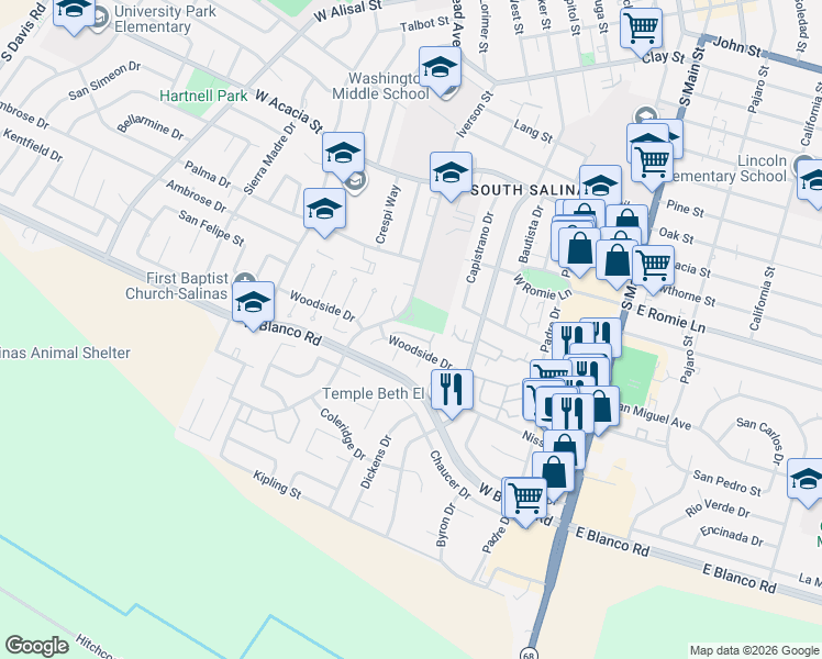 map of restaurants, bars, coffee shops, grocery stores, and more near 1103 Redwood Place in Salinas