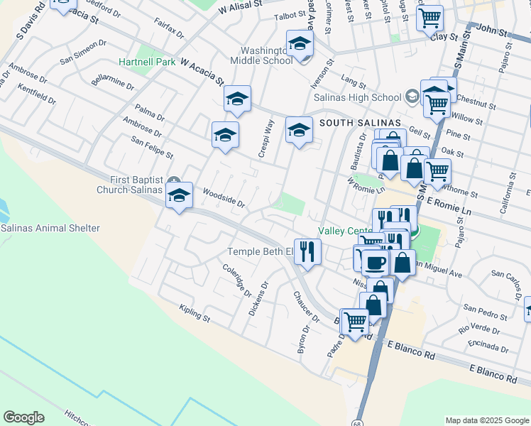 map of restaurants, bars, coffee shops, grocery stores, and more near 330 Woodside Drive in Salinas